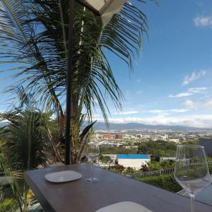 una mesa con dos copas de vino y una palmera en Cozy private Apartment, Mirador Escazú -Great view-, en Escazú