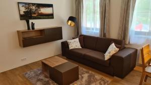 a living room with a brown couch and a table at Apartmány NETA Velké Karlovice, Polanský Dvůr in Velké Karlovice