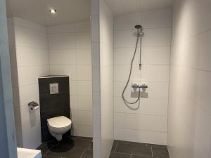 uma casa de banho com um chuveiro e um WC. em De Dennen em Odoorn