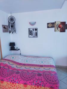 ein Schlafzimmer mit einem Bett mit einer farbenfrohen Tagesdecke in der Unterkunft STUDIO ST GREGOIRE Au Pied des Vosges et Vignoble ! in Munster