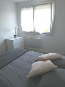 a bedroom with a bed with pillows and a window at La Bellière in Saint-Florent-le-Vieil