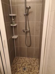 a shower with a shower head in a bathroom at La Bellière in Saint-Florent-le-Vieil