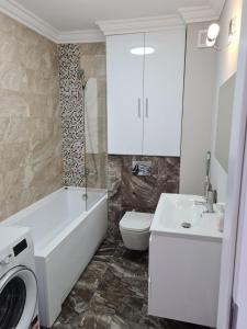 uma casa de banho com um lavatório, um WC e um chuveiro em Modern Studio em Oradea