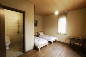 sypialnia z 2 łóżkami, prysznicem i toaletą w obiekcie Arte w mieście Stepancminda