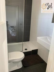 La petite salle de bains est pourvue de toilettes et d'un lavabo. dans l'établissement El Sol Zandvoort 2, à Zandvoort