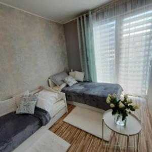 una camera con due letti, un divano e una finestra di Apartament Centrum a Wieliczka