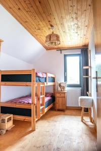 1 Schlafzimmer mit 2 Etagenbetten und einem Fenster in der Unterkunft Hiša Lojz in Žaga