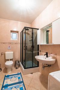 ein Bad mit einer Dusche, einem WC und einem Waschbecken in der Unterkunft Villa Summer in Rtina