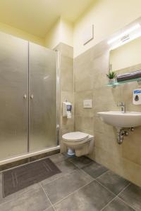 a bathroom with a shower and a toilet and a sink at Hotel und Hostel Gleisbett in Annaberg-Buchholz