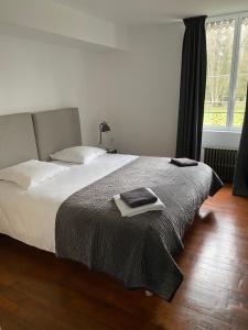 a bedroom with a bed with a blanket and a window at Le Moulin Bleu in Saint Cyr-sous-Dourdan