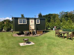 una casita verde en un patio con una mesa de picnic en The Rowan Shepherds Hut, en Eyemouth