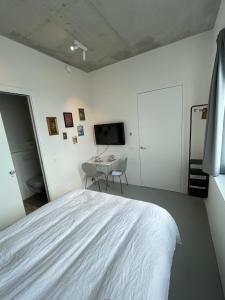 a bedroom with a bed and a desk and a tv at Bed & Beach Amsterdam in Amsterdam