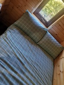 a bed in a room with a window at Greencraig Pods in Buckie