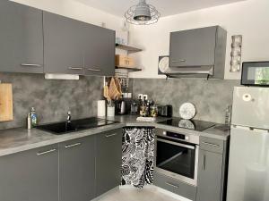 a kitchen with gray cabinets and a sink and a refrigerator at NOUVEAU - Jungle Montpeul - Clim - Wifi fibre - Netflix - 5' du centre et gare - Parking - Loggia - 15' des plages in Montpellier