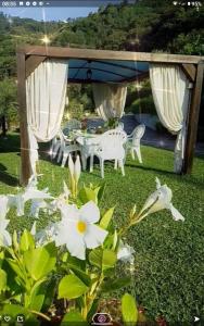 ラ・スペツィアにあるVillino Isòの芝生の白い花とテーブルのある庭園