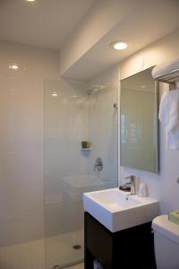 a bathroom with a shower, sink, and mirror at Hotel Sheldon in Hollywood
