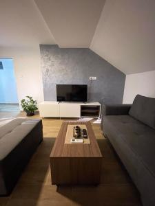 ein Wohnzimmer mit einem Sofa und einem Couchtisch in der Unterkunft Apartman Ambijent in Aranđelovac
