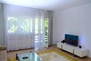 uma sala de estar com uma televisão e um sofá em Urban Apartment Visoko em Visoko