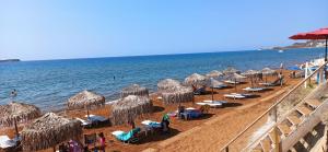 una spiaggia con molti ombrelloni e sedie e l'oceano di BlueTel Lixouri a Lixouri