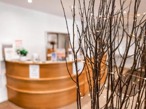 a barbershop with a wooden counter and some branches at Ajax Ski Club in Mount Buller