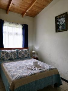 een slaapkamer met een bed met een kom erop bij Cassidini House in Monteverde Costa Rica