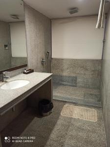 a bathroom with a sink and a shower at Hotel Patliputra Exotica in Patna