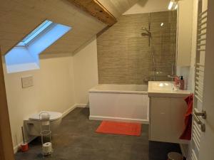 a bathroom with a tub and a toilet and a window at Les Récollets in Huy