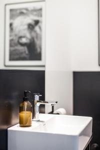 um lavatório de casa de banho com uma garrafa de sabão em Apart Hüsske 1 em Krefeld
