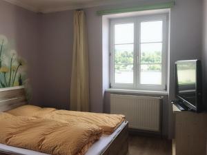 um quarto com uma cama, uma televisão e uma janela em Asia wok gasthof em Ybbs an der Donau