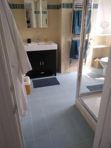 uma casa de banho com um chuveiro, um lavatório e um espelho. em Sandra & Andrew's B&B em Londres