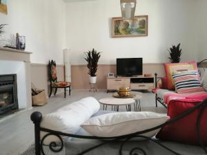 a living room with a couch and a tv at Maison dans le bourg in La Chapelle-Montligeon