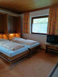 2 Betten in einem Schlafzimmer mit einem TV und einem Fenster in der Unterkunft Apartmenthaus Rupitsch in Leutasch
