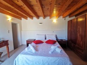 a bedroom with a large bed with red pillows at Kalypso apartment in Halki