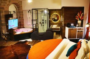 um quarto com uma casa de banho com banheira e uma televisão em Cephanelik Butik Hotel em Trabzon