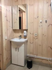 a bathroom with a sink and a mirror at Krodziņš Kristapiņš in Babīte