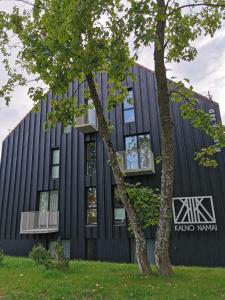 um edifício preto com uma árvore em frente em Jorė em Juodkrantė