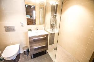 W łazience znajduje się toaleta, umywalka i prysznic. w obiekcie La Terrasse de Verchaix - Chambre d'hotes et gite w mieście Verchaix