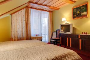 Schlafzimmer mit einem Bett, einem TV und einem Fenster in der Unterkunft Pensjonat Alicja in Kosewo