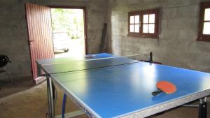 una mesa de ping pong con una paleta de ping pong en Maison au calme grand jardin privé aire de jeux Lac de Guerledan en Plouguernével
