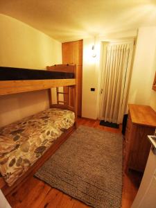 ein kleines Schlafzimmer mit einem Etagenbett und einem Teppich in der Unterkunft Casa Lana in Chiesa in Valmalenco