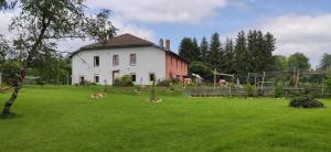 une grande maison blanche dans un champ avec des animaux dans la cour dans l'établissement Pont de la Chaux, à Chaux-des-Crotenay