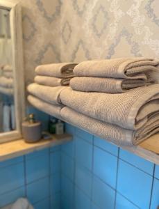 a stack of towels on a shelf in a bathroom at Maison Blakenburg in Wissenkerke +40 photos
