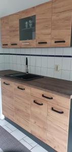 a kitchen with wooden cabinets and a sink at Ferienwohnung in Gristow in Mesekenhagen