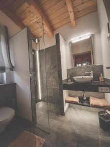 een badkamer met een douche, een wastafel en een toilet bij Hochalmbahnen Chalets Rauris 1-02, Maislaufeldweg 1b in Rauris