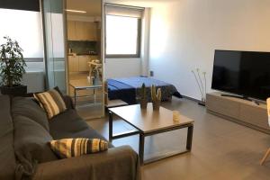 a living room with a couch and a flat screen tv at Hitech Appartment in Amaliás