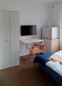 een slaapkamer met een bureau, een televisie en een bed bij Apartamenty Amarel in Stegna