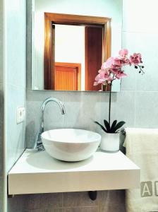 a bathroom with a sink and a mirror and flowers at La casa de Tentenecio in Salamanca