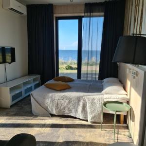 a bedroom with a bed and a view of the ocean at Tulivee Villa in Liimala