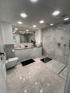 La salle de bains est pourvue d'une douche, de toilettes et d'un lavabo. dans l'établissement NADJEZIORNA LUX 2, à Ełk