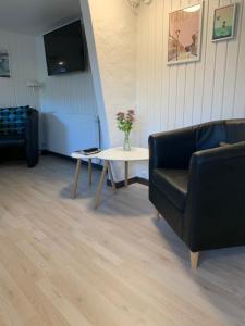 a living room with a couch and a table at H. C. Lumbyes Vej - kælderlejlighed in Odense